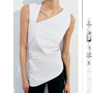 White Zara Asymmetric Neckline Ruched Side sleeveless Top (NWT)